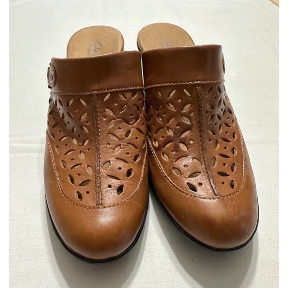 Clarks Bendables Women’s Leather Mule Slip on 6M Camel Tan Open Heel Clogs - Picture 6 of 8